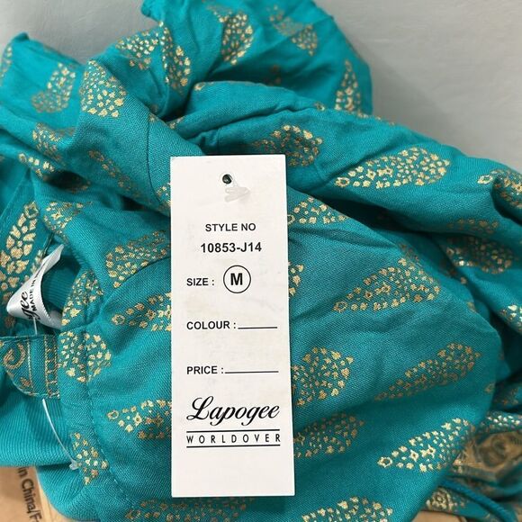 Lapoge Woman’s Dress Open Shoulder Teal And Gold Pattern Dress Size Medium Mini - Picture 8 of 11